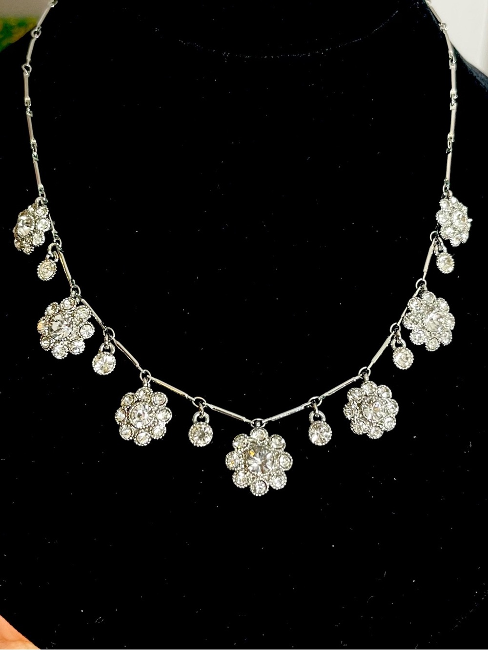 Monet Crystal Flower Drop Necklace - Silver Tone